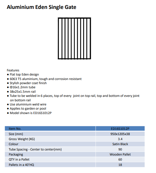 Aluminium Eden Single Gate (ED16S1012P) view 2